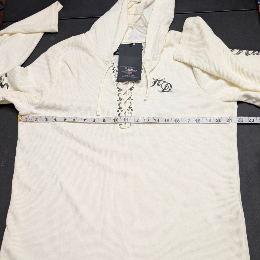 Harley-Davidson Cream Skull Rhinestone Waffle Knit Lace Up Henley Hoodie NWT 2XL - Picture 7 of 10